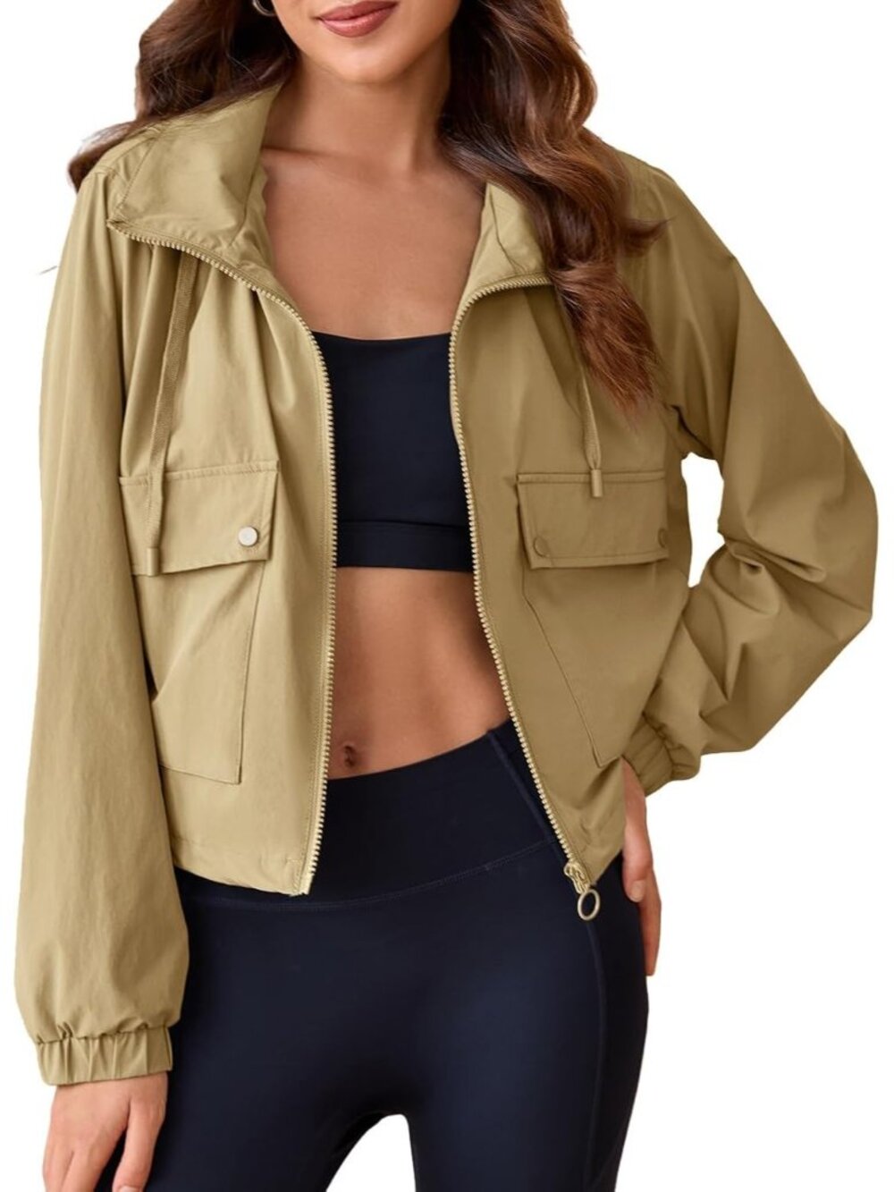 Women's Khaki Long Sleeve Cropped Hooded ZIP Up Anorak Coat Military Jacket
